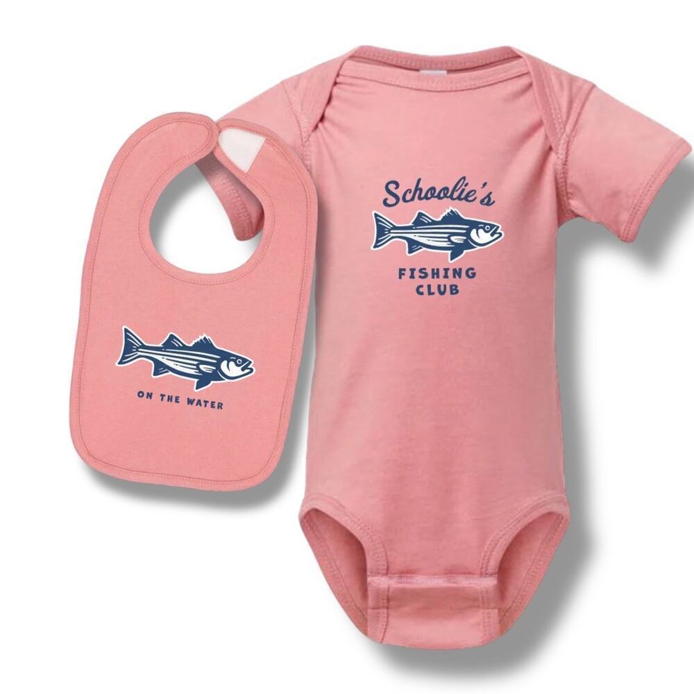 3-6 months Schoolie’s fishing club pink onesie with matching bib striper…​​